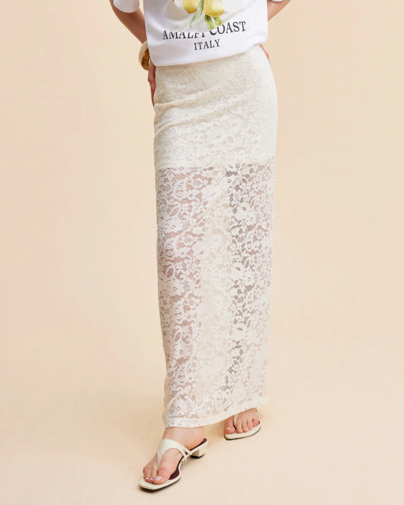 Harper Women's Lace Maxi Skirt – Beige Sheer Overlay & Flowy Romantic Design