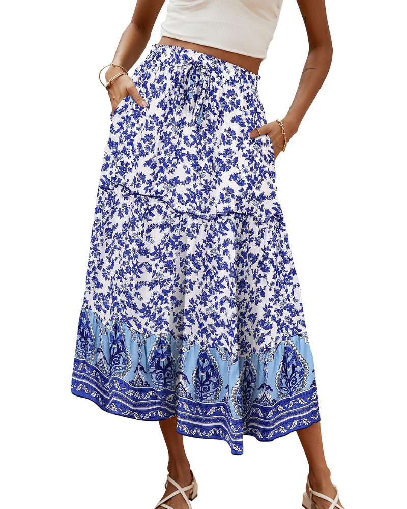 Brielle Women’s Maxi Skirt – Boho Floral High Waist Skirt with Pockets