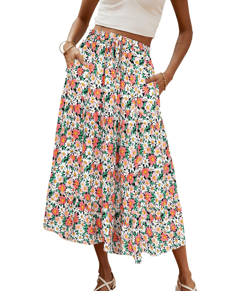 Brielle Women’s Maxi Skirt – Boho Floral High Waist Skirt with Pockets