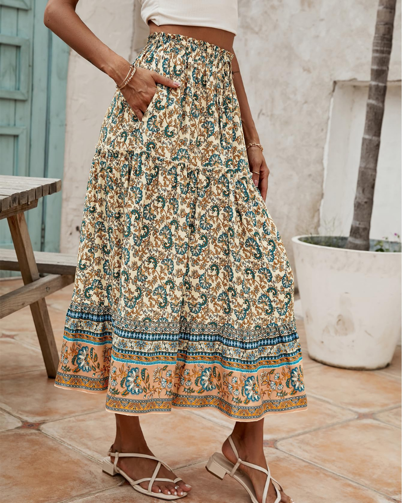 Brielle Women’s Maxi Skirt – Boho Floral High Waist Skirt with Pockets