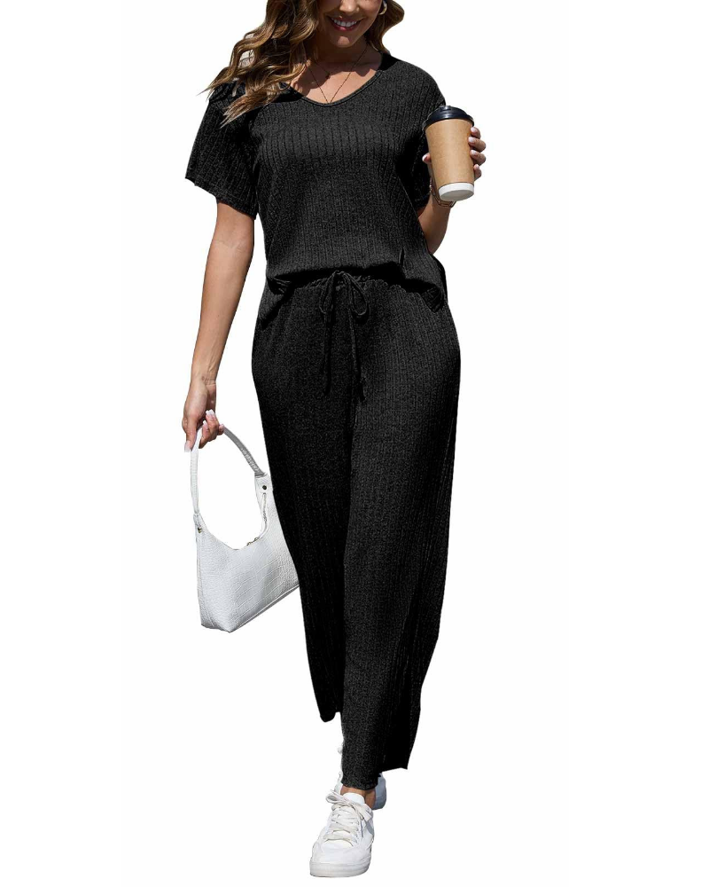 Amelia Women’s Ribbed Set – V-Neck Top & Wide Leg Pants Loungewear Outfit