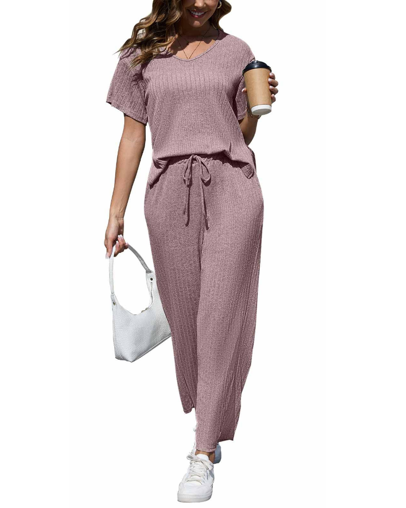 Amelia Women’s Ribbed Set – V-Neck Top & Wide Leg Pants Loungewear Outfit