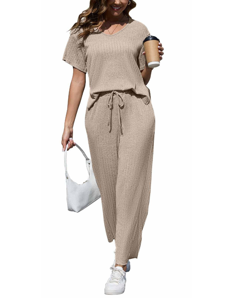 Amelia Women’s Ribbed Set – V-Neck Top & Wide Leg Pants Loungewear Outfit