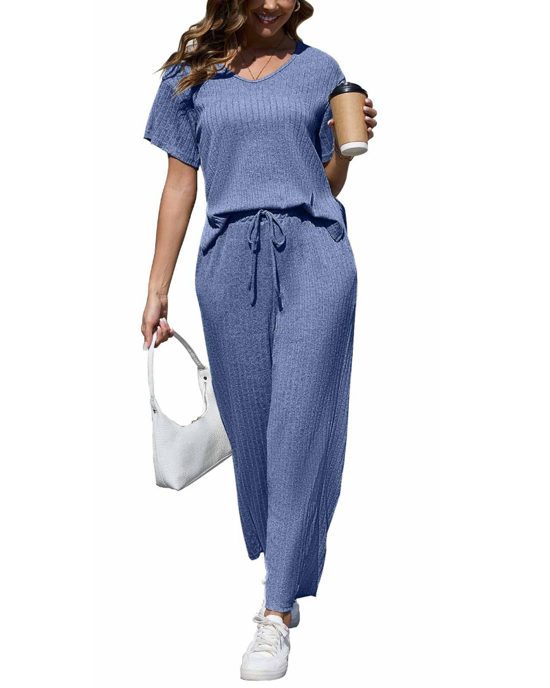 Amelia Women’s Ribbed Set – V-Neck Top & Wide Leg Pants Loungewear Outfit