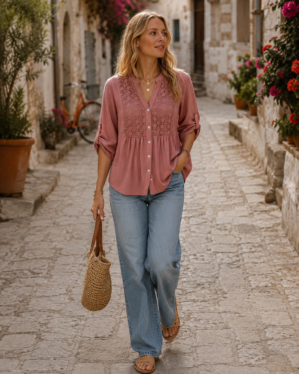 Kelsey Women's Button Blouse – V-Neck Loose Fit Top with Roll-Up Sleeves