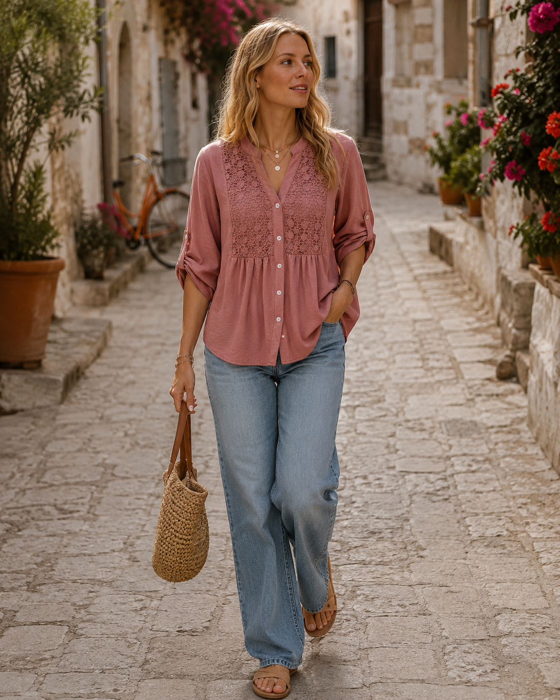 Kelsey Women's Button Blouse – V-Neck Loose Fit Top with Roll-Up Sleeves