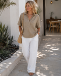 Grace Women's Casual Blouse – Short Sleeve V-Neck Top with Collar & Button Detail