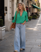 Audrey Women's Ruffle Blouse – V-Neck Puff Sleeve Top for Office & Dinner Outfits