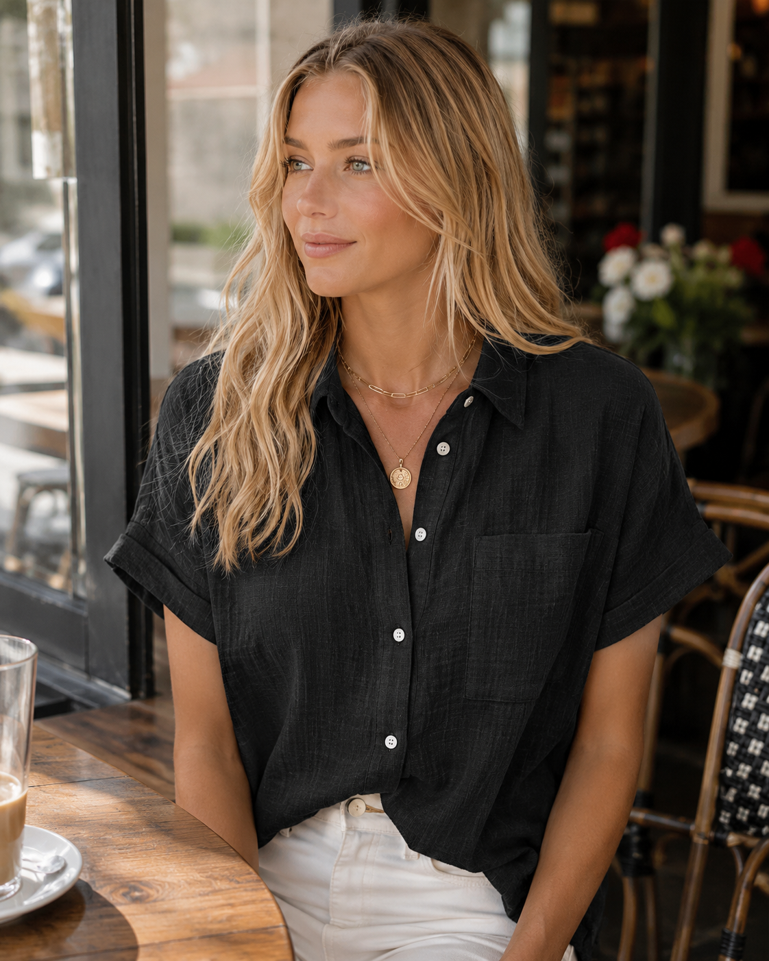 Rachel Women's Summer Blouse – Breathable Button-Up Top with Loose Fit & Side Slits