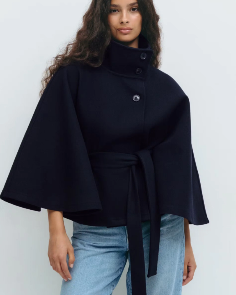 Amelia Women’s Cape Coat – Elegant Belted Jacket with High Collar for Winter Style