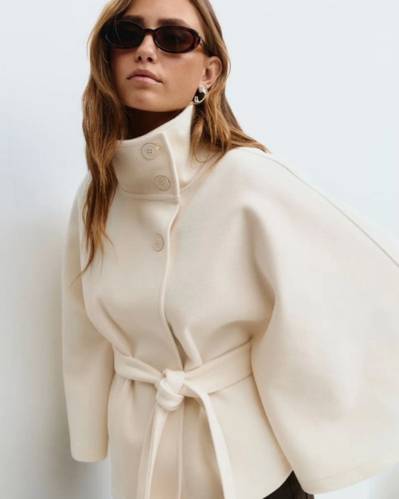 Amelia Women’s Cape Coat – Elegant Belted Jacket with High Collar for Winter Style