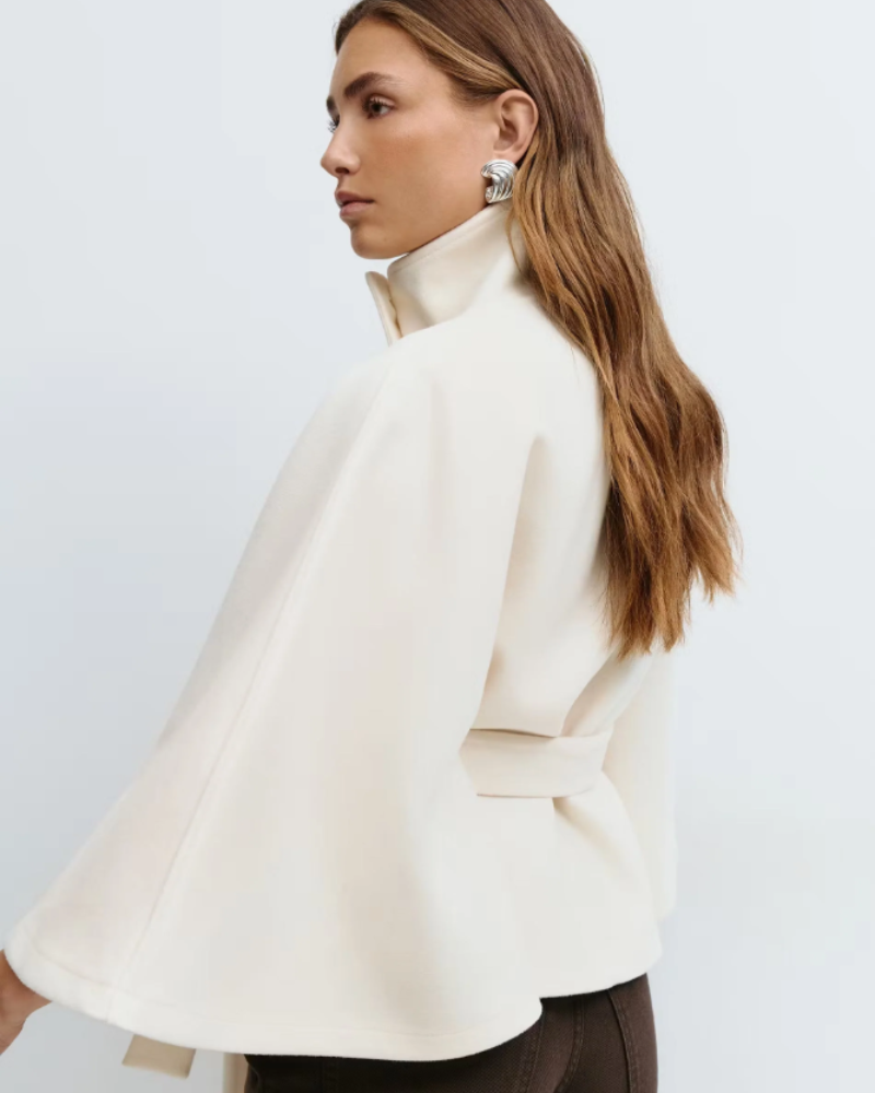 Amelia Women’s Cape Coat – Elegant Belted Jacket with High Collar for Winter Style