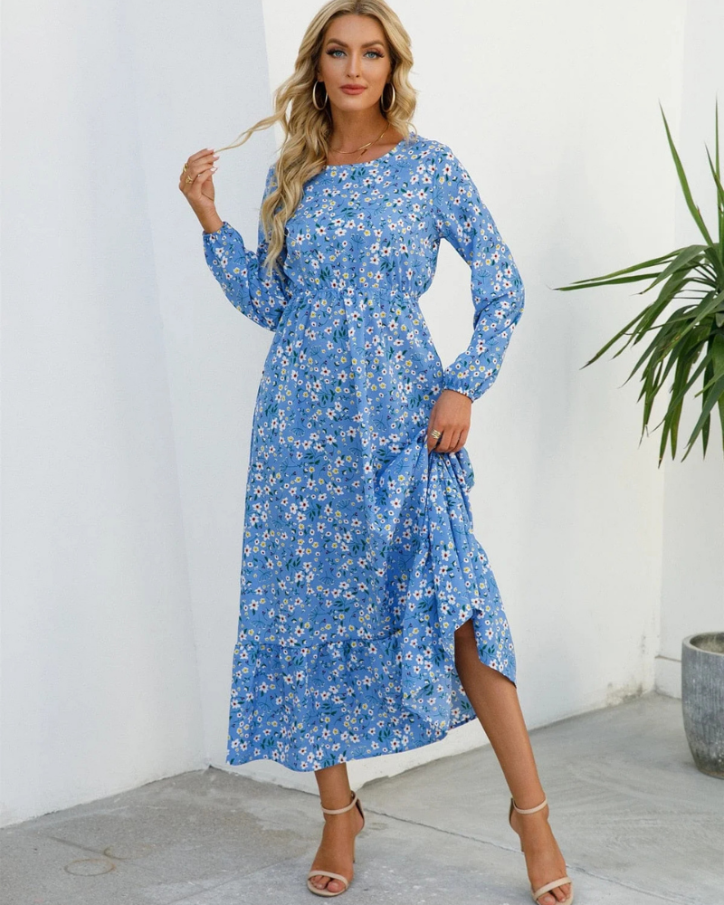 Hailey Women's Floral Dress – Blue Ibiza Dress with Long Sleeves and Lightweight Fit