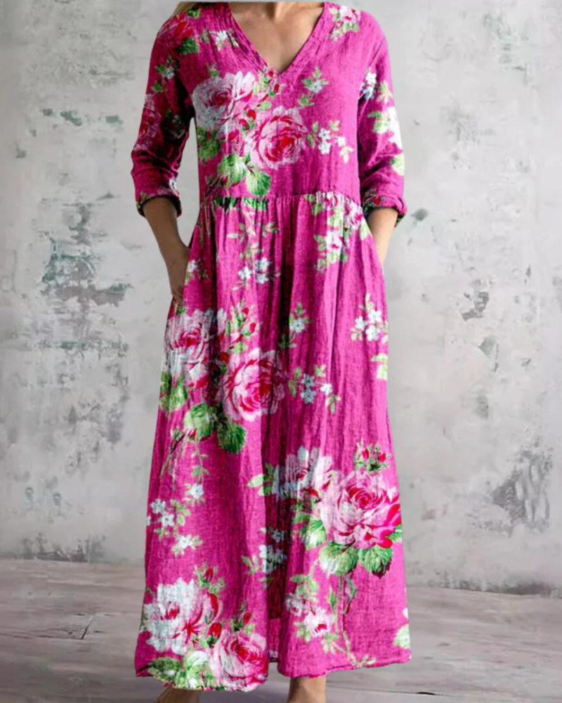 Willow Women's Floral Maxi Dress – V-Neck Flowy Summer Dress with Pockets