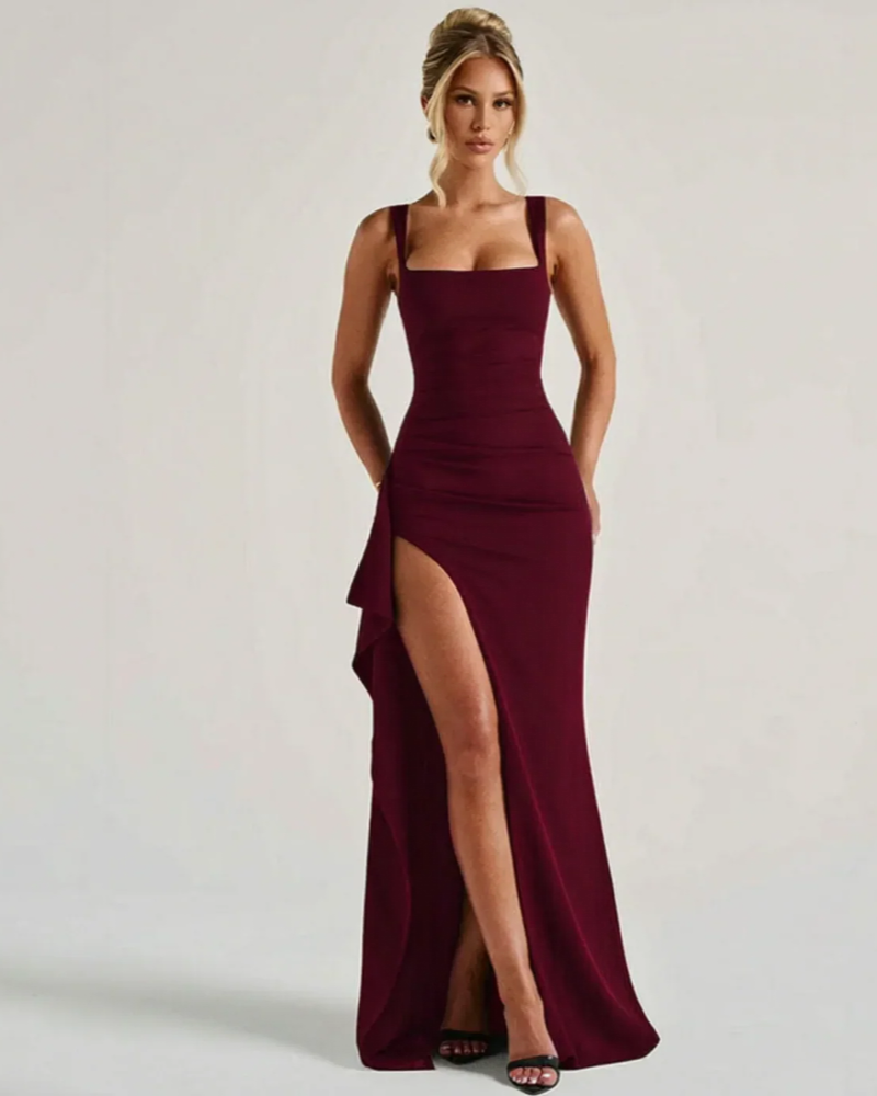 Alexandra Women's Maxi Dress – Square Neck, High Slit & Pleated Waist