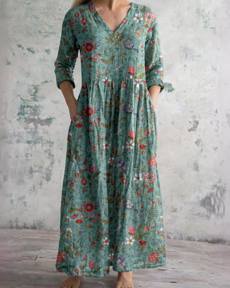 Willow Women's Floral Maxi Dress – V-Neck Flowy Summer Dress with Pockets