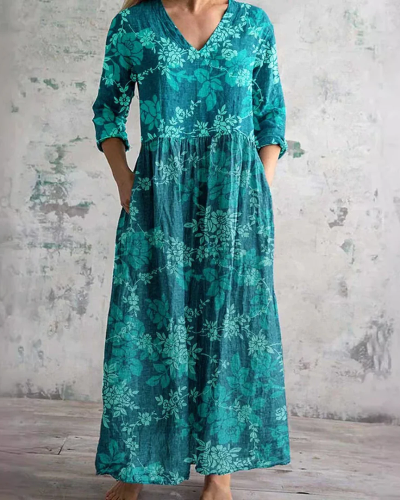 Willow Women's Floral Maxi Dress – V-Neck Flowy Summer Dress with Pockets