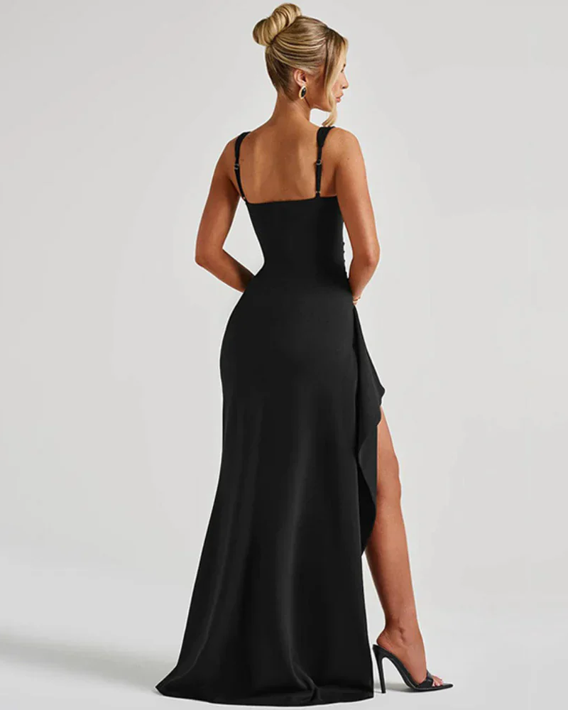 Alexandra Women's Maxi Dress – Square Neck, High Slit & Pleated Waist