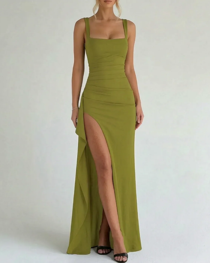Alexandra Women's Maxi Dress – Square Neck, High Slit & Pleated Waist