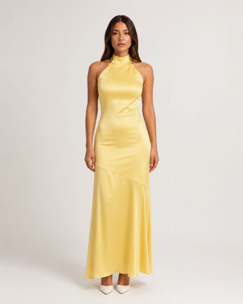 Natalie Women's Halter Maxi Dress – Open Back Satin-Look Evening Gown