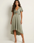 Evelyn Women's Midi Dress – Deep V-Neck, Twist Waist & Asymmetrical Hem