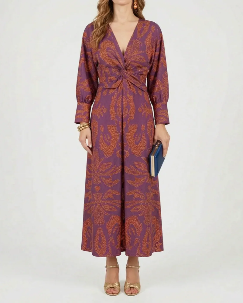 Jocelyn Women's A-Line Maxi Dress – Botanical Print, Deep V-Neck & Draped Waist