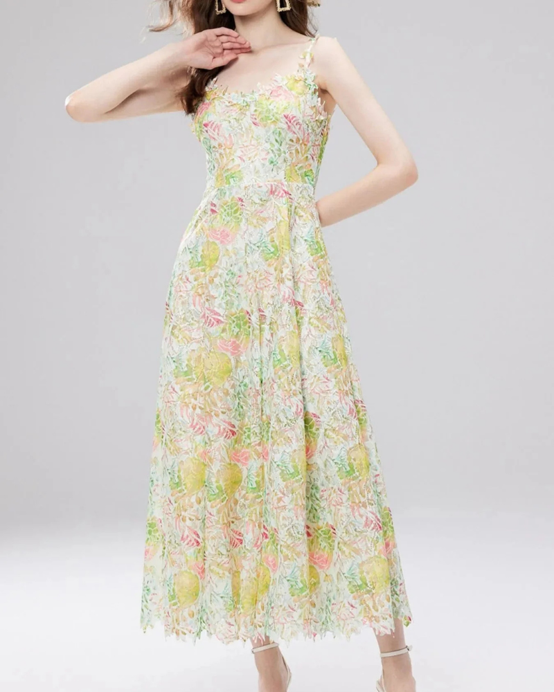 Camille Women's Midi Dress – Sleeveless V-Neck Floral Lace Dress with Lined Fit