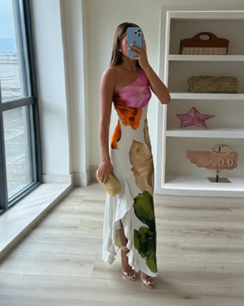 Camille Women's One-Shoulder Maxi Dress – Artistic Floral Print for Formal Events