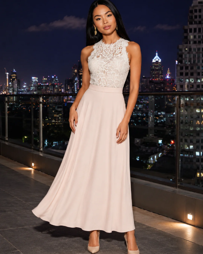 Marigold Women's Lace Maxi Dress – High-Neck A-Line Wedding Guest Gown