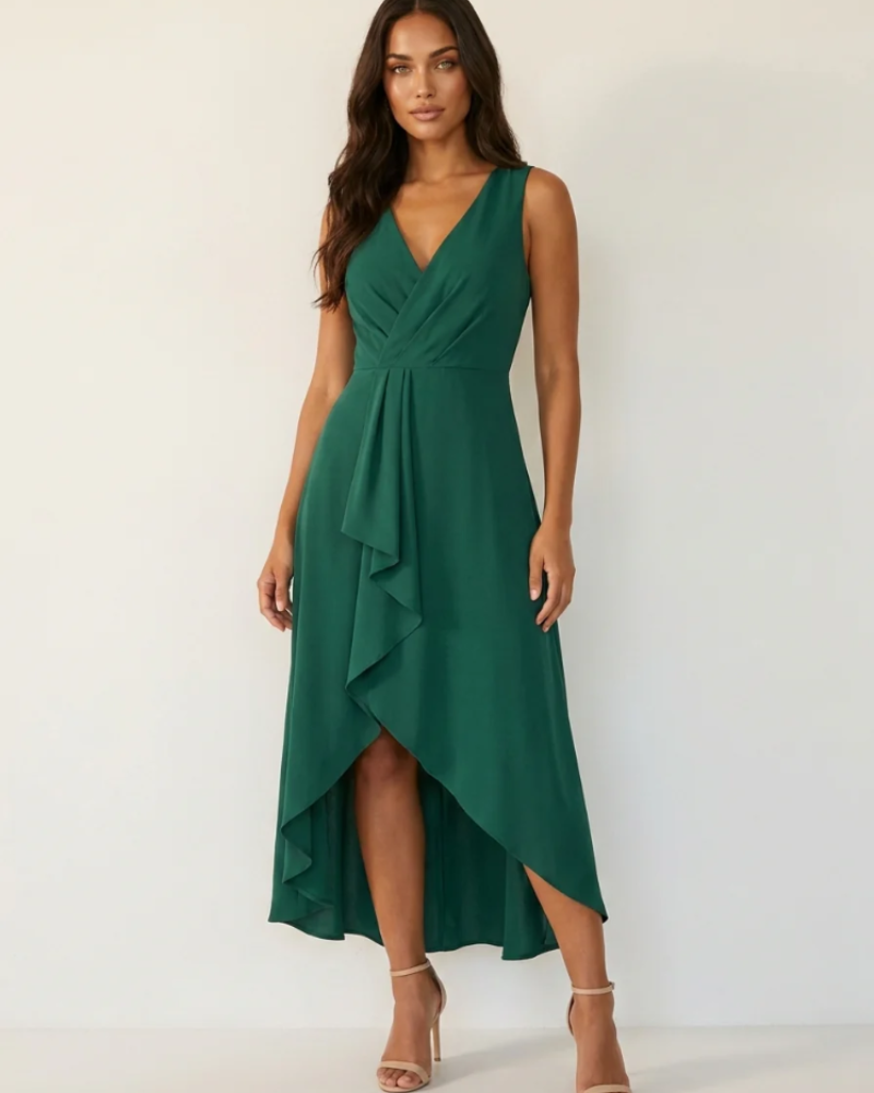 Charlotte Women's Midi Dress – Wrap V-Neck, Waterfall Hem & Elegant Occasion Dress