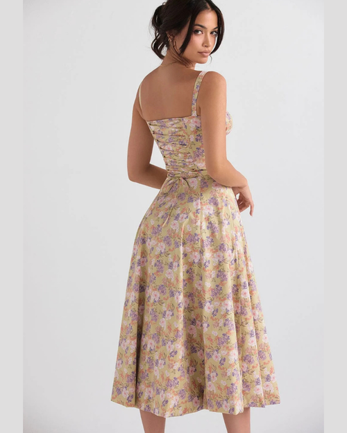 Adeline Women's Floral Bustier Midi Dress – Corset Back, Side Slit & Pockets