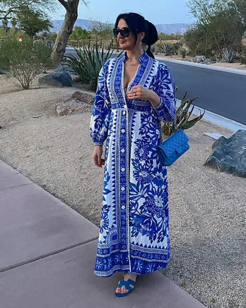 Miriam Women's Summer Dress – Blue White Ibiza Print Relaxed Fit