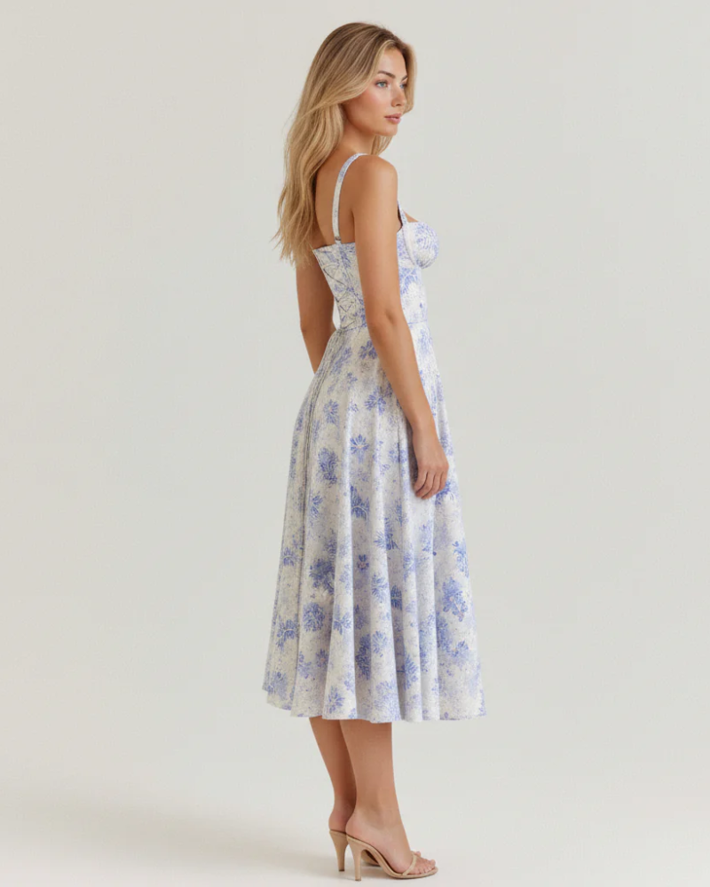 Margot Women's Floral Bustier Midi Dress – Sweetheart Neckline with Front Slit
