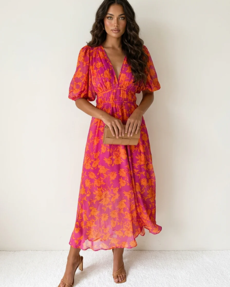 Genevieve Women's Floral Maxi Dress – Deep V-Neck, Defined Waist & Flowy Skirt
