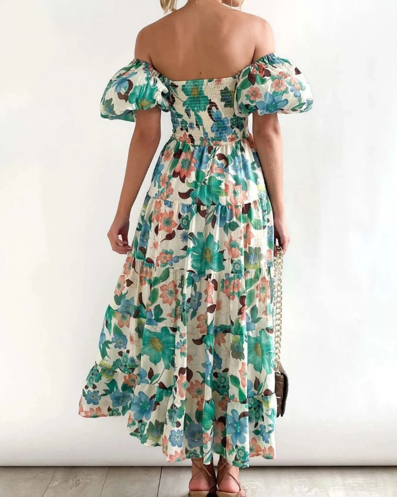Megan Women's Floral Midi Dress – Smocked Bodice, Puff Sleeves & Tiered Skirt