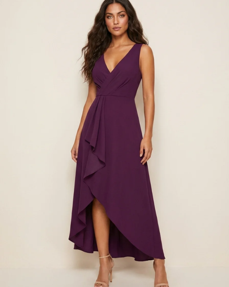 Charlotte Women's Midi Dress – Wrap V-Neck, Waterfall Hem & Elegant Occasion Dress