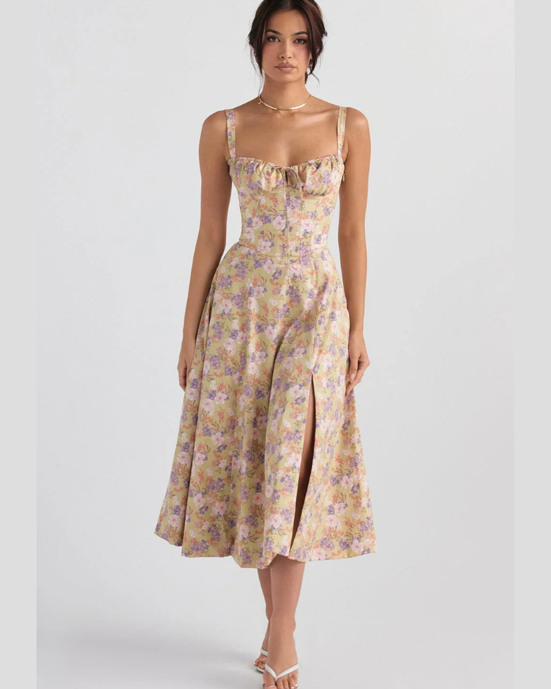 Adeline Women's Floral Bustier Midi Dress – Corset Back, Side Slit & Pockets