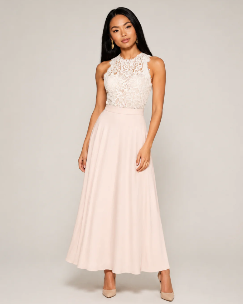 Marigold Women's Lace Maxi Dress – High-Neck A-Line Wedding Guest Gown