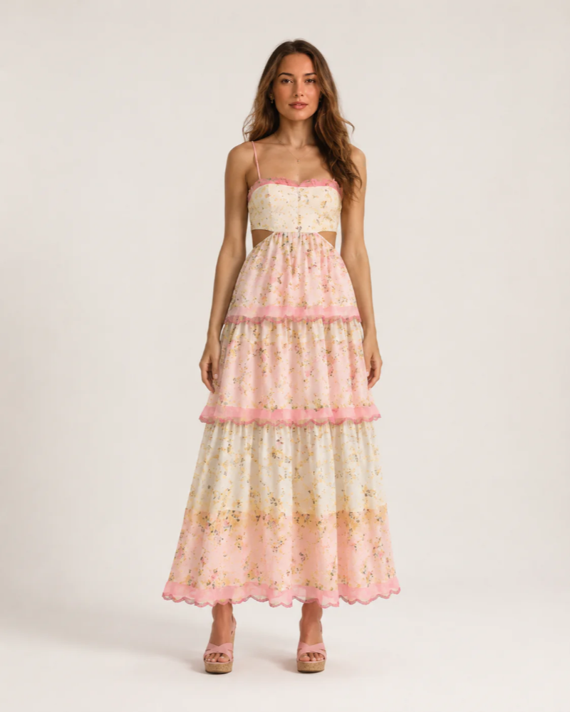 Marlowe Women's Floral Maxi Dress – Pink Lace Cutout Tiered Summer Gown