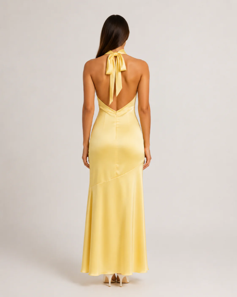 Natalie Women's Halter Maxi Dress – Open Back Satin-Look Evening Gown