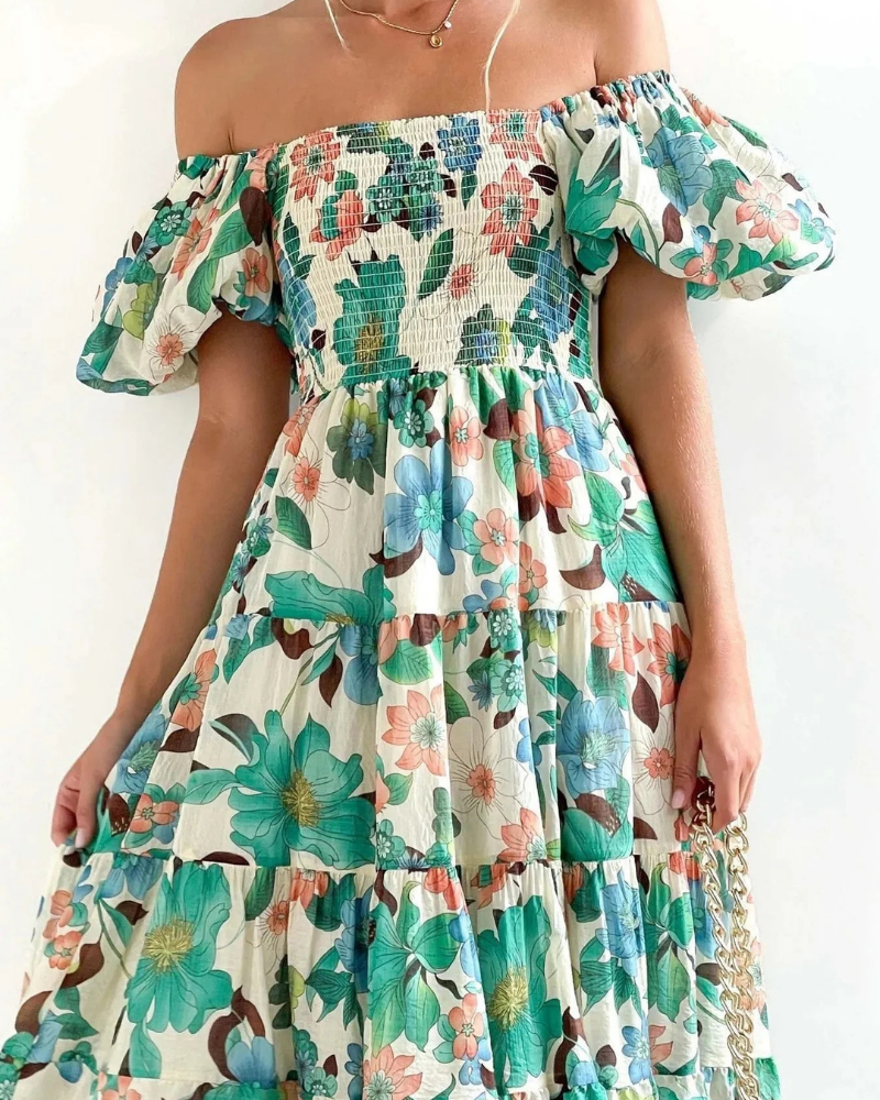 Megan Women's Floral Midi Dress – Smocked Bodice, Puff Sleeves & Tiered Skirt