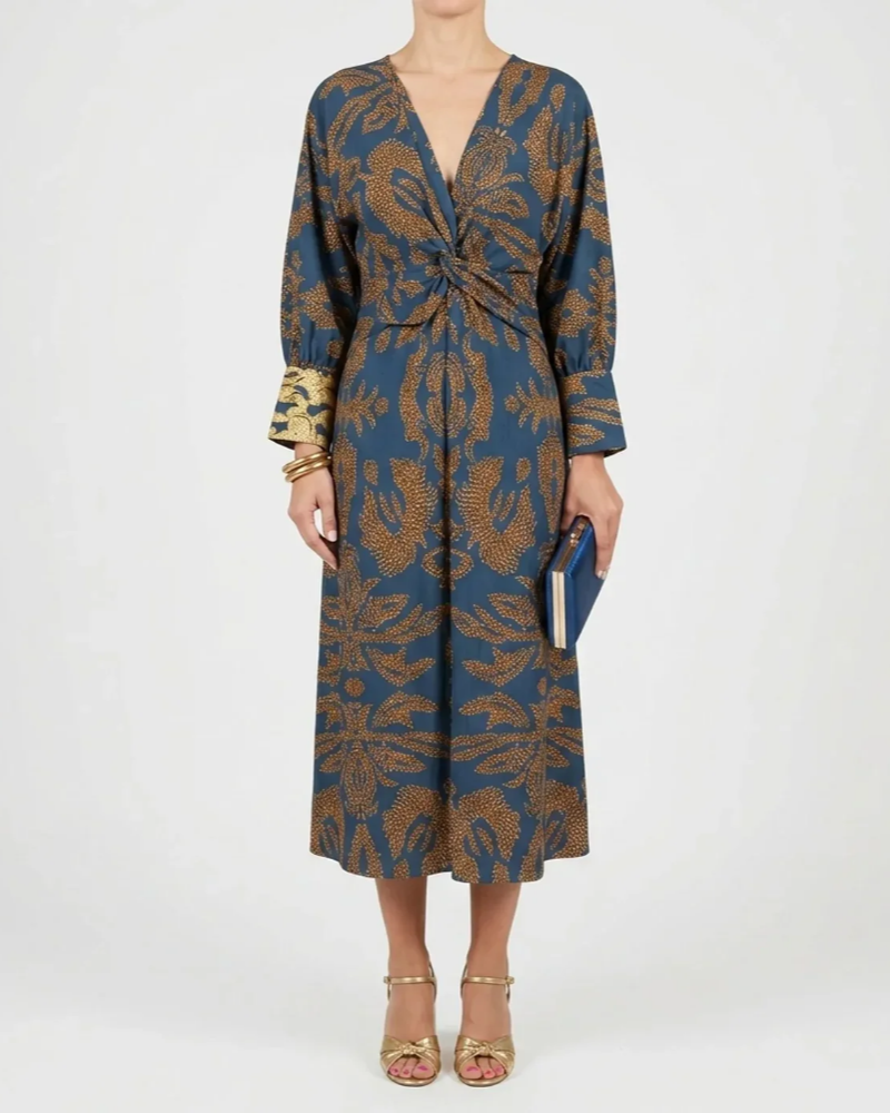 Jocelyn Women's A-Line Maxi Dress – Botanical Print, Deep V-Neck & Draped Waist