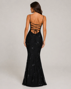 Roselyn Women's Glitter Maxi Dress – Floral Texture Lace-Up Open Back Gown
