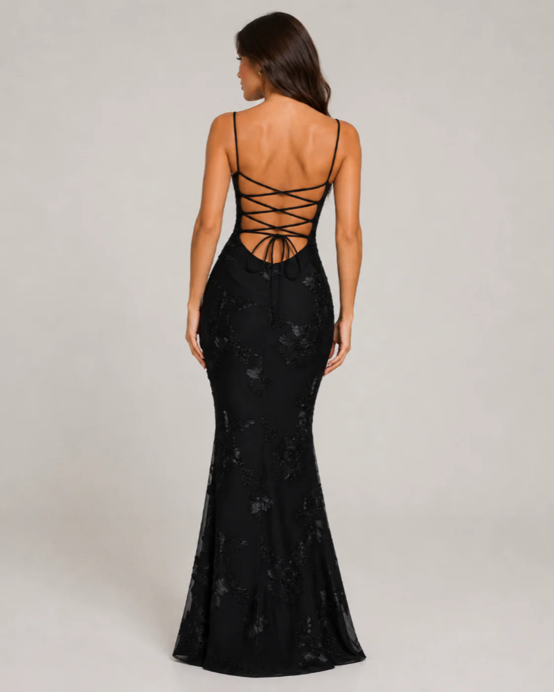 Roselyn Women's Glitter Maxi Dress – Floral Texture Lace-Up Open Back Gown