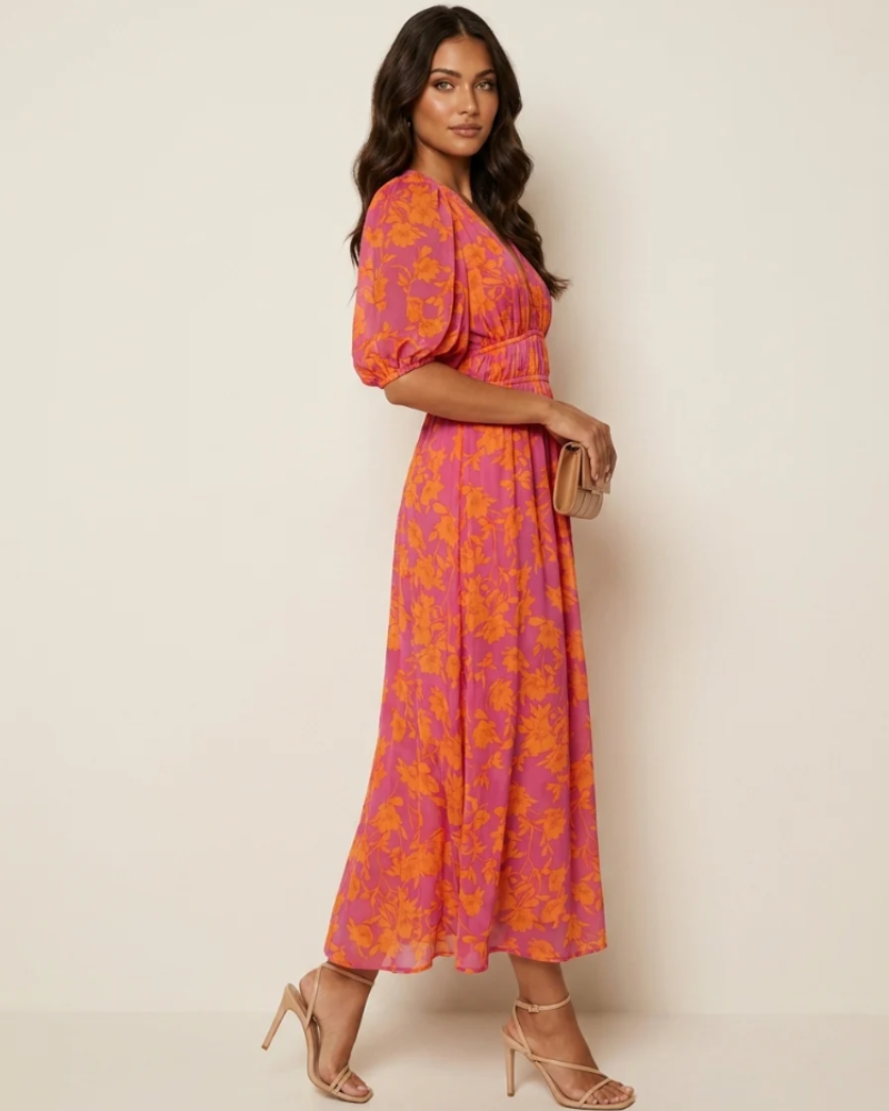Genevieve Women's Floral Maxi Dress – Deep V-Neck, Defined Waist & Flowy Skirt