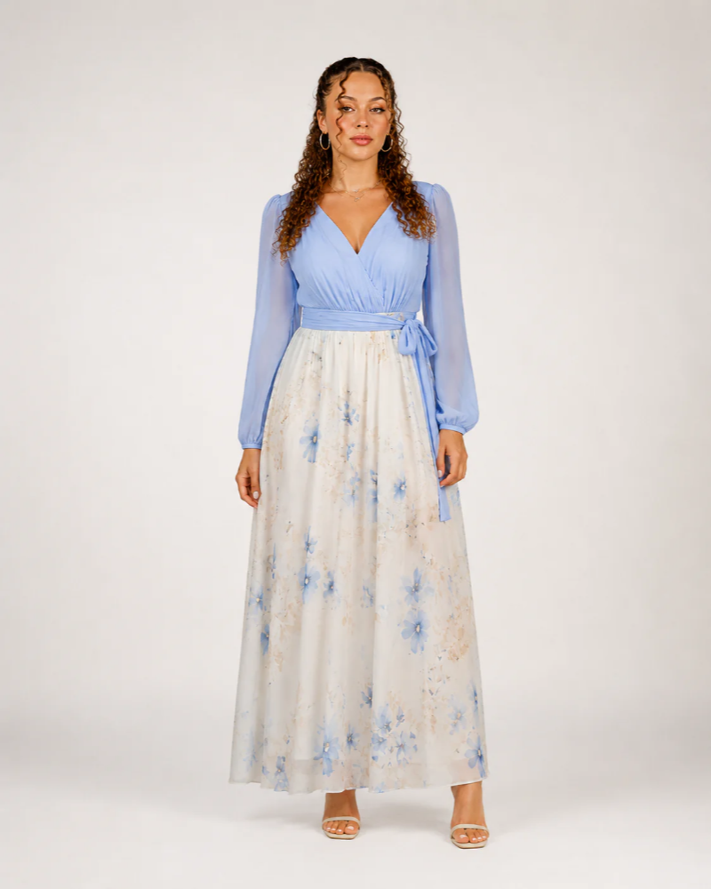 Tabitha Women's Floral Maxi Dress – V-Neck with Sheer Sleeves & Ruched Bodice