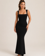 Naomi Women's Stretch Maxi Dress – Ruched Neckline & Flared Formal Silhouette