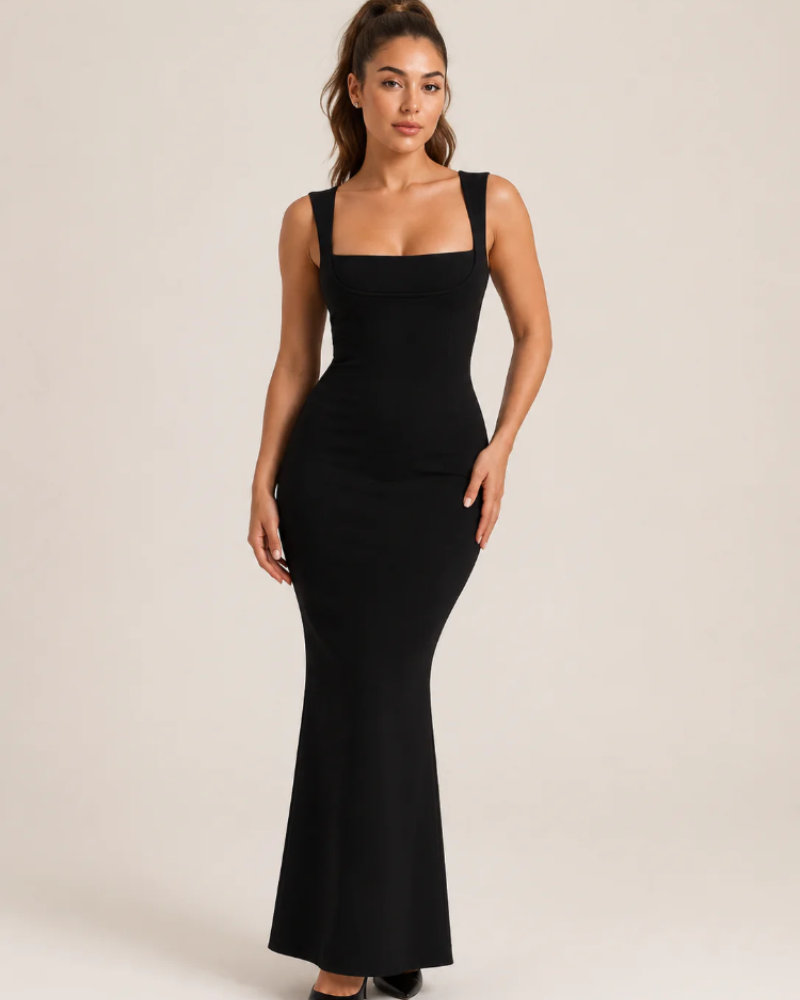 Naomi Women's Stretch Maxi Dress – Ruched Neckline & Flared Formal Silhouette