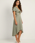 Evelyn Women's Midi Dress – Deep V-Neck, Twist Waist & Asymmetrical Hem