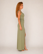 Penelope Women's Maxi Dress – Light Green Ruched Design with High Thigh Slit